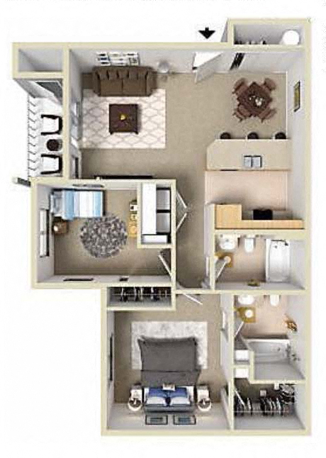 Floor plan for 2 beds, 2 baths, 932 sqft
